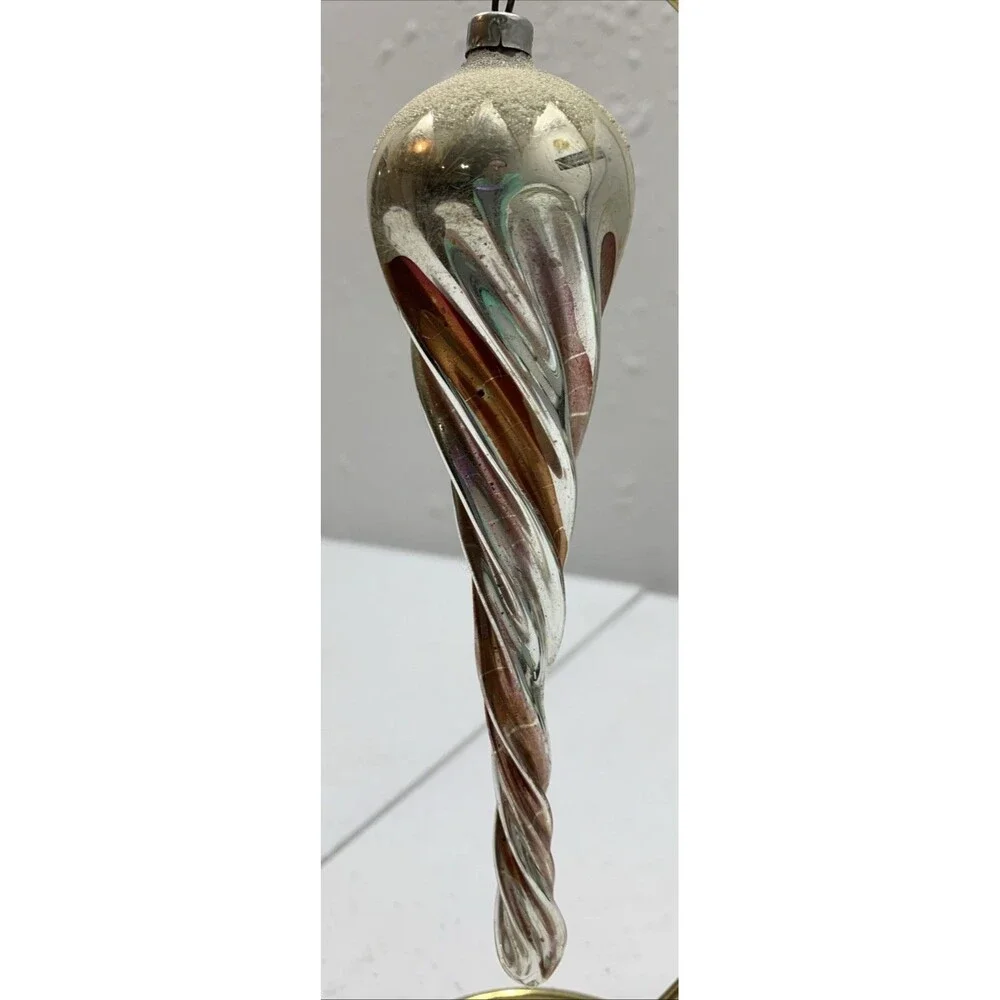 Vtg West Germany Glass Icicle Spiral Twisted Ornament Christmas Silver Red 6